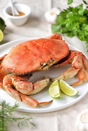 Boiled crab with lime , garlic and seasoning.