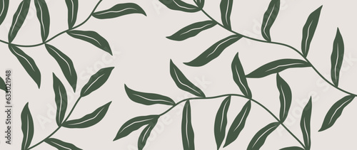 handmade leaf background. Botanical green wallpaper with branches and leaves. Design with simple lines and for banners, prints, wall art and home decor.