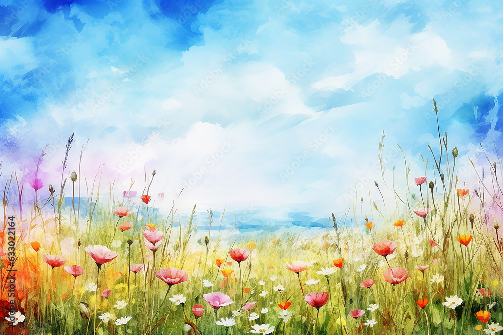 Beautiful wild flower field in countryside watercolor painting. Generative AI image.
