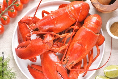 Two boiled lobsters with spices and lime. Top view