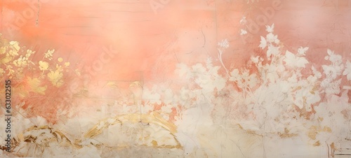 Distressed painted antique wall in coral pink and gold, golden shiny rococo ornaments. Beautiful decayed, weathered, teared luxury vintage surface., texture.