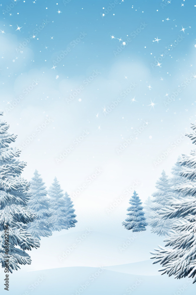 Winter forest background with snow-covered coniferous trees and place for text. AI generated