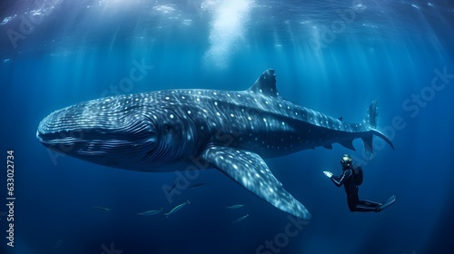 Person diving with whale in deep blue ocean. © Tremens Productions