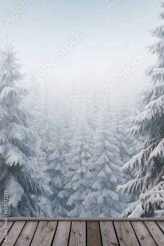 Winter background with an empty wooden surface  snow-covered coniferous trees  snow and place for text. AI generated