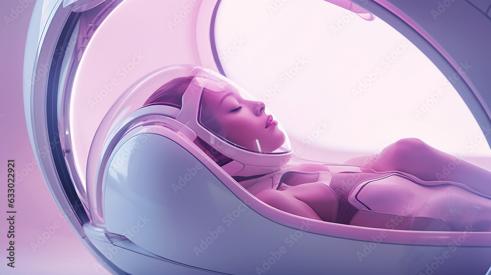 A woman sleeping in a digital monitored pod in space connecting with her virtual equipment - obrazy, fototapety, plakaty 