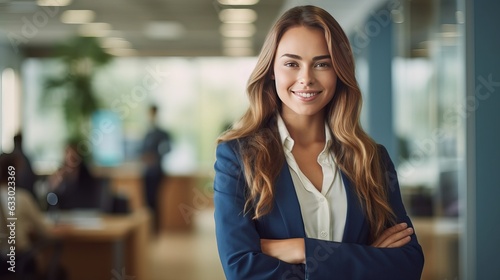 Business woman standing competently and smiling in open plan office - theme woman power, career or manager photo