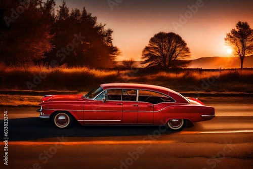 Red vintage car on road in daytime  beautiful background - Generative AI