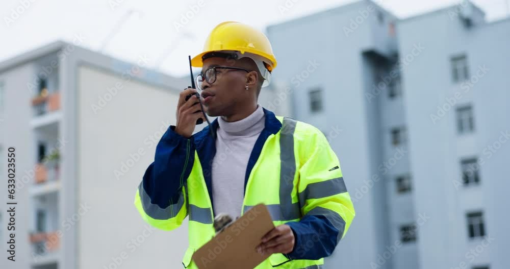 Black man, architect and walkie talkie in city for construction management, inspection or maintenance. African male person, contractor or engineer talking on radio on site in architecture or building Black man, architect and walkie talkie in city for construction management, inspection or maintenance. African male person, contractor or engineer talking on radio on site in architecture or building