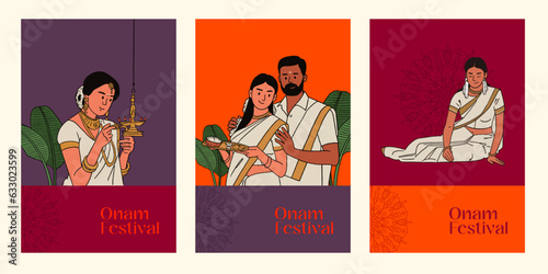 South Indian family celebrating Onam festival editable vector illustration for social media post and invitation card design template