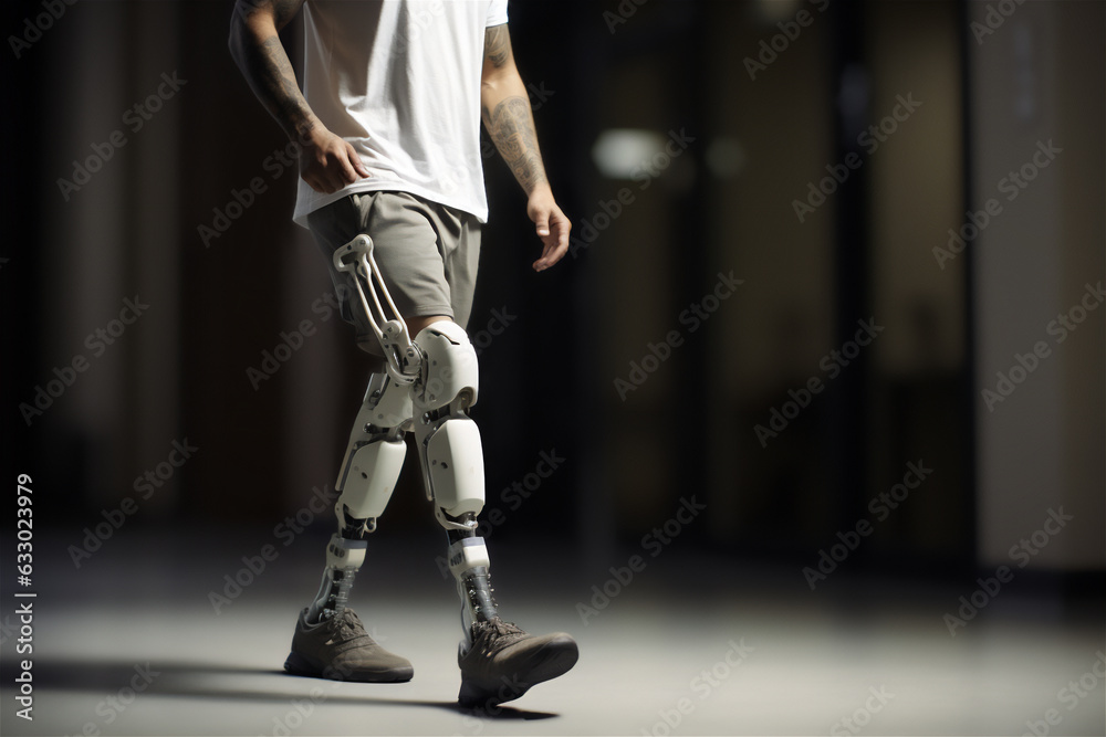 A man walks on a bionic prosthetic legs. Concept of helping technology to people. A man walks on a bionic prosthetic legs. Concept of helping technology to people.