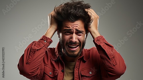Disgust concept - shocked young Beautiful man hiding her face with her arm, grinding teeth for dramatic resignation, studio shot on white background