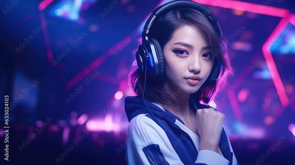 Naklejka premium Professional videogame player Asian girl with headphones created with Generative AI.