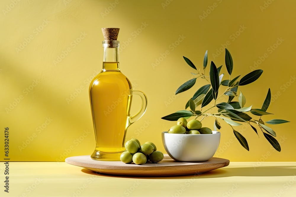On a white pedestal against a light green backdrop, an olive branch and a bottle of extra virgin olive oil are on exhibit. Food thats suitable for the Mediterranean diet On a white pedestal against a light green backdrop, an olive branch and a bottle of extra virgin olive oil are on exhibit. Food thats suitable for the Mediterranean diet