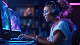 African girl playing professional videogames with headphones created with Generative AI.