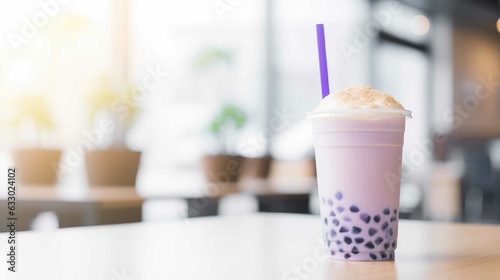 Taro bubble tea with tapioca at a coffee shop created with Generative AI.