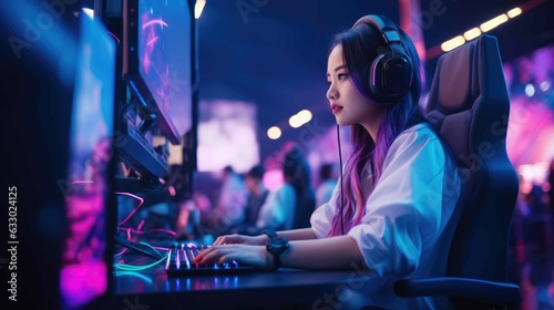 Asian girl playing professional videogames with headphones created with Generative AI. photo