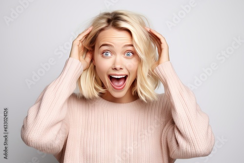 excited cute blond woman with amazed facial expressions, keep hands near face, dressed in casual clothes, model against white wall. photo of joyful female spreads palms, has happy expression