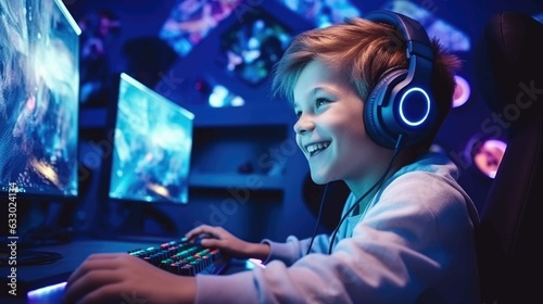 Photo Boy playing professional videogames with headphones created with Generative AI