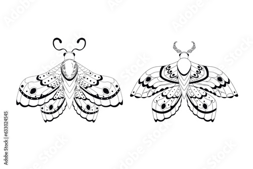 set Magic mystic moth in doodle style, line art isolated, boho celestial esoteric symbol, tatoo or print