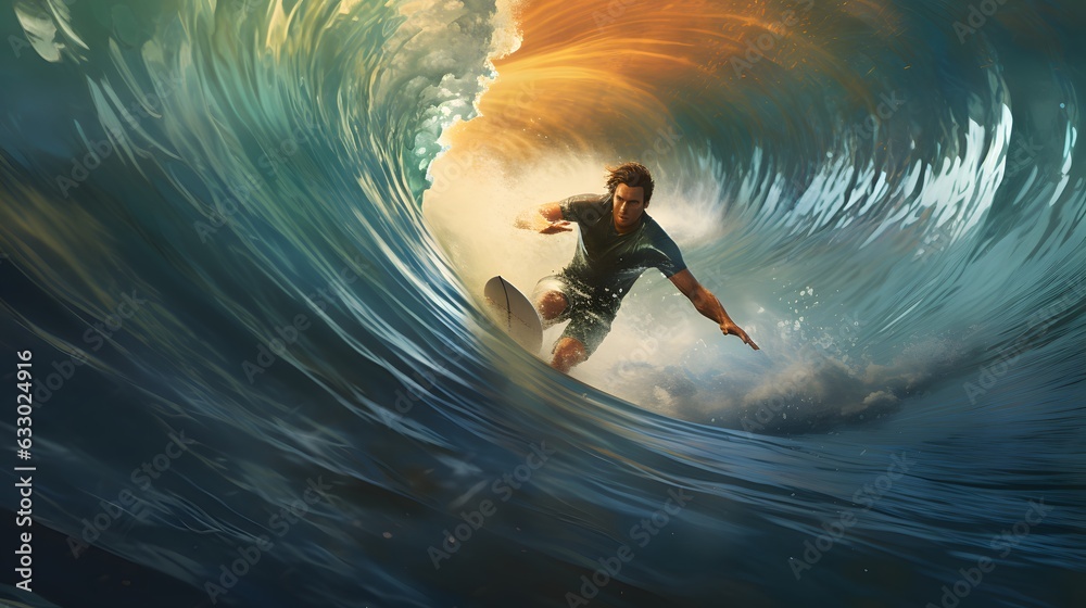 Young surfer, surfing inside the tube of a wave.