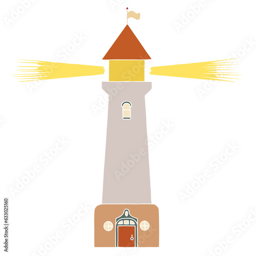 Lighthouse with rays of light on a white background. Hand Drawn. Freehand drawing. Doodle. Sketch. Outline.