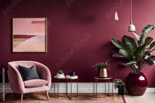 Interior view of a modern house with dark red pink themed furniture - Generative AI