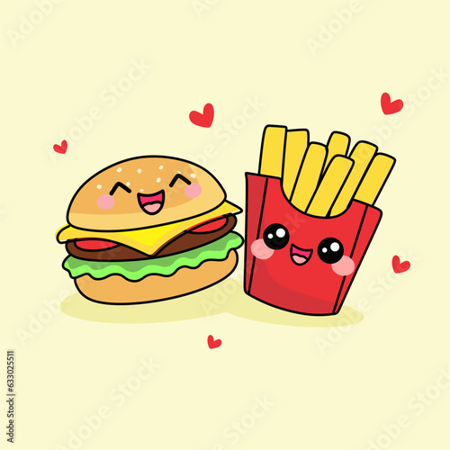 Cute Burger And French Fries Cartoon Vector Icon Illustration. Fast Food Character Icon Concept Isolated Premium Vector. Flat Cartoon Style.