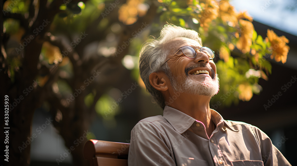 Portrait of happy senior asian man sitting on bench in park Portrait of happy senior asian man sitting on bench in park