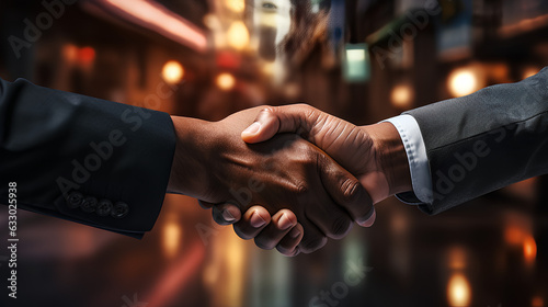 Close-up of businesspeople shaking hands against blurry night cityscape