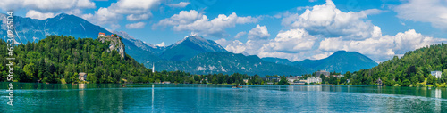 A view across lake Bled from Bled island in Bled, Slovenia in summertime
