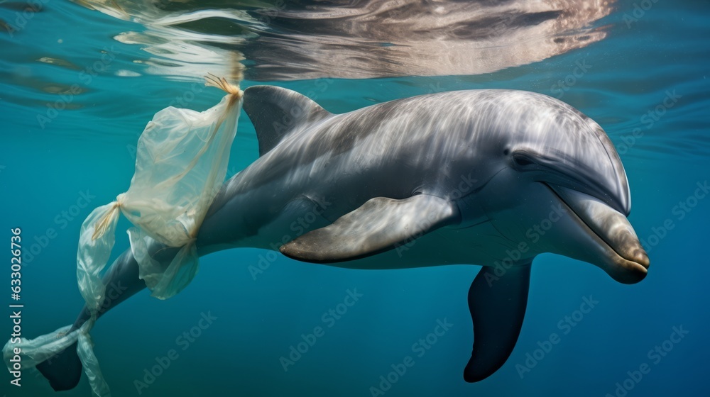 Fototapeta premium Dolphin trapped in a plastic bag, ocean pollution, plastic pollution, underwater photo