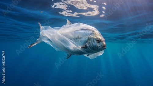 Tuna trapped in a plastic bag, ocean pollution, plastic pollution, underwater photo