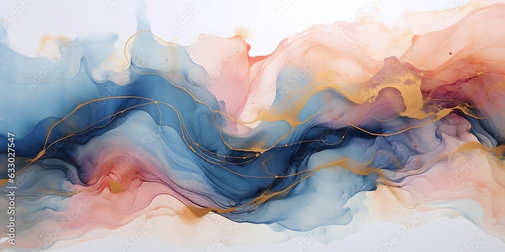 Abstract watercolor paint background, Soft pastel pink blue color and golden lines, with liquid fluid marbled paper texture banner texture, Generative Ai