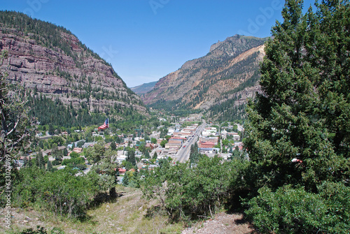 view over the little town of Ouray at the Million Dollar Highway in the Rocky Mountains of Colorado
