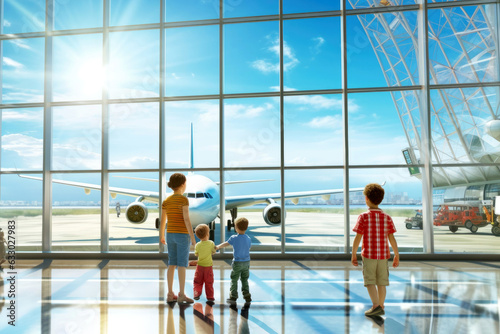 Children run playfully through the airport terminal. In the panoramic window you can see the planes that the children are looking at with interest, anticipating their fun trip