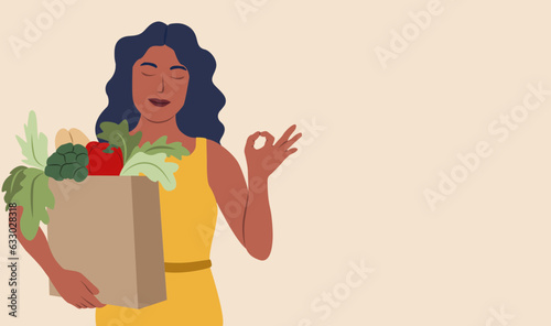 Woman holding paper grocery bag full of food products. Customer shopper with fresh nutrition, vegetable, purchase in kraft package after shopping. Flat vector illustration isolated on white background