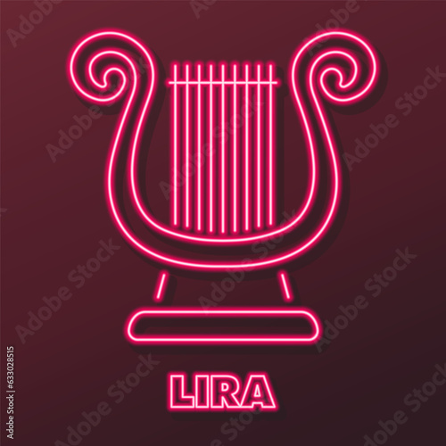 lyre neon sign, modern glowing banner design, colorful modern design trends on black background. Vector illustration.