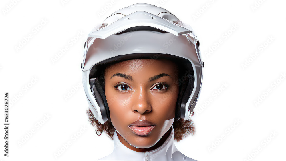 Life insurance and protection concept. Fashion portrait of a young African American woman in a white motorcycle helmet. Life insurance and protection concept. Fashion portrait of a young African American woman in a white motorcycle helmet.