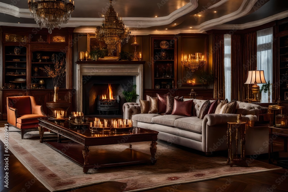 modern living room with fireplace, beautiful interior - Generative AI modern living room with fireplace, beautiful interior - Generative AI