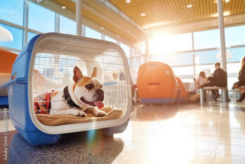 Happy French Bulldog inside an airport dog carrier captures the excitement of vacation travel. Sunny day and a bustling terminal on a background. Concept of air transport for pets. Copy space