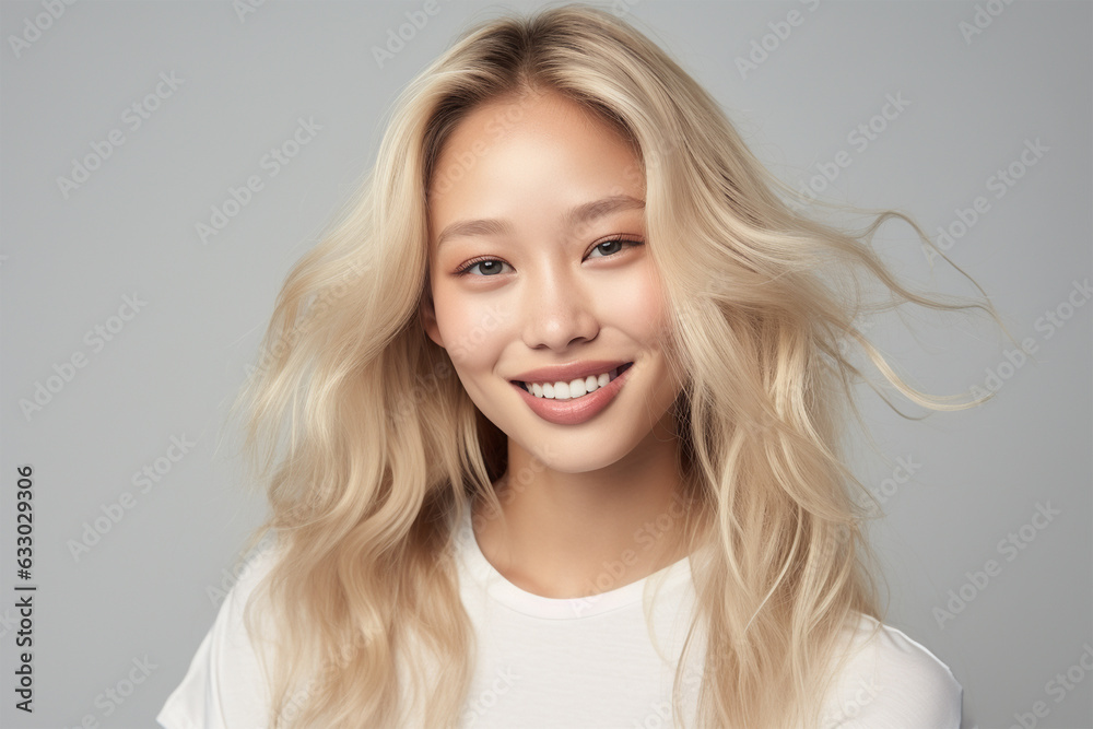 Smiling Asian woman with blond hair on gray background Smiling Asian woman with blond hair on gray background