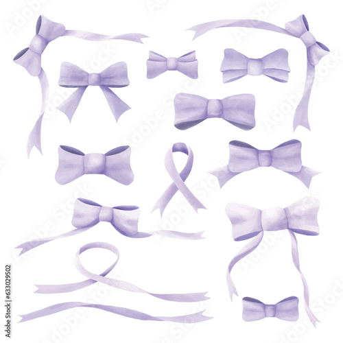Purple watercolor ribbon bow vector collection