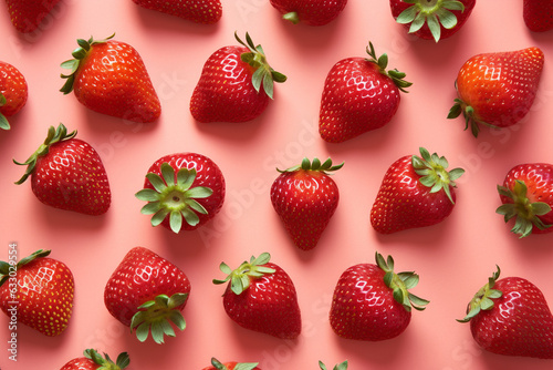Top view of strawberry fruits on pink background
