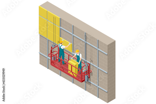 Isometric External Wall Insulation System, Building Facade Insulation Works. Styrofoam facade layers. Worker in Hardhat Holding Outdoor Wall Tile