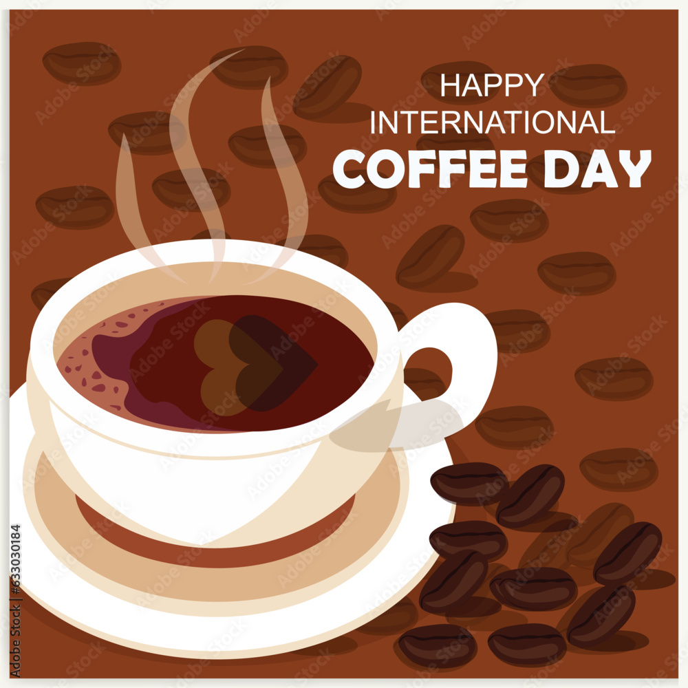 Obraz premium Cup of coffee with coffee beans decoration and sprinkle forming world map, banner, poster, greeting card vector