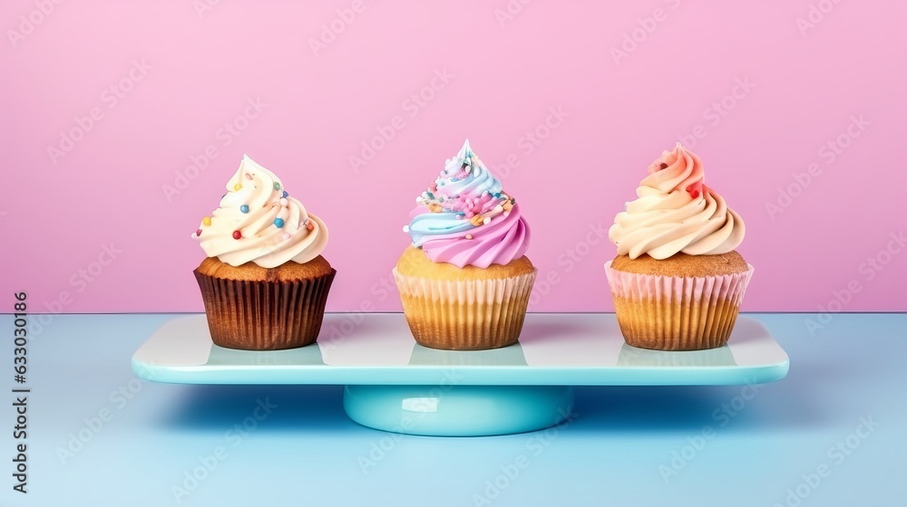 Illustration of colorful cupcakes with delicious frosting on a plate