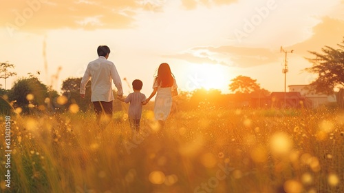 Bouncing a family the sunset hand in hand love relationship of family bonding moment family walking on grass field meadow sunset moment peaceful enjoy family ai generate