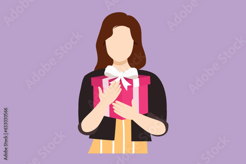Character flat drawing of happy beautiful woman holding big ribbon bow wrapped gift box in her arms. Young female holding gift. Lady with gift box. Gift for holiday. Cartoon design vector illustration