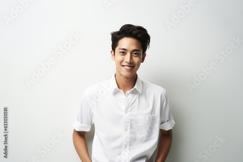 Portrait of a smiling young Asian man standing and looking at the camera with a white background. 