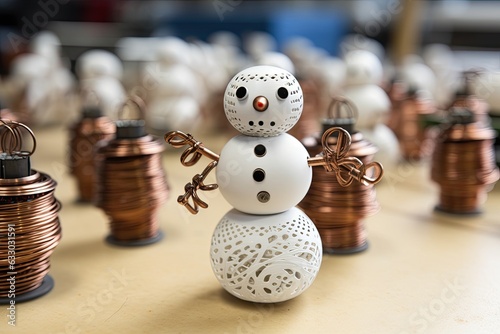 On a table, there are sarcastic ferritic cores shaped like snowmen, which are used to make inductivity coils and transformers. photo